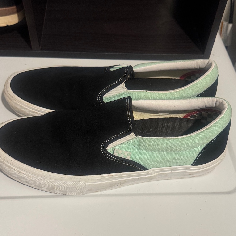 Vans Black and Mint Green Slip-On Sneakers